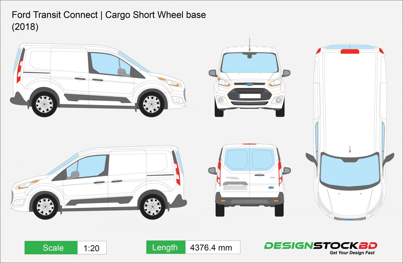 Ford Transit Connect (2018) | Cargo Short wheel base | Van Template ...