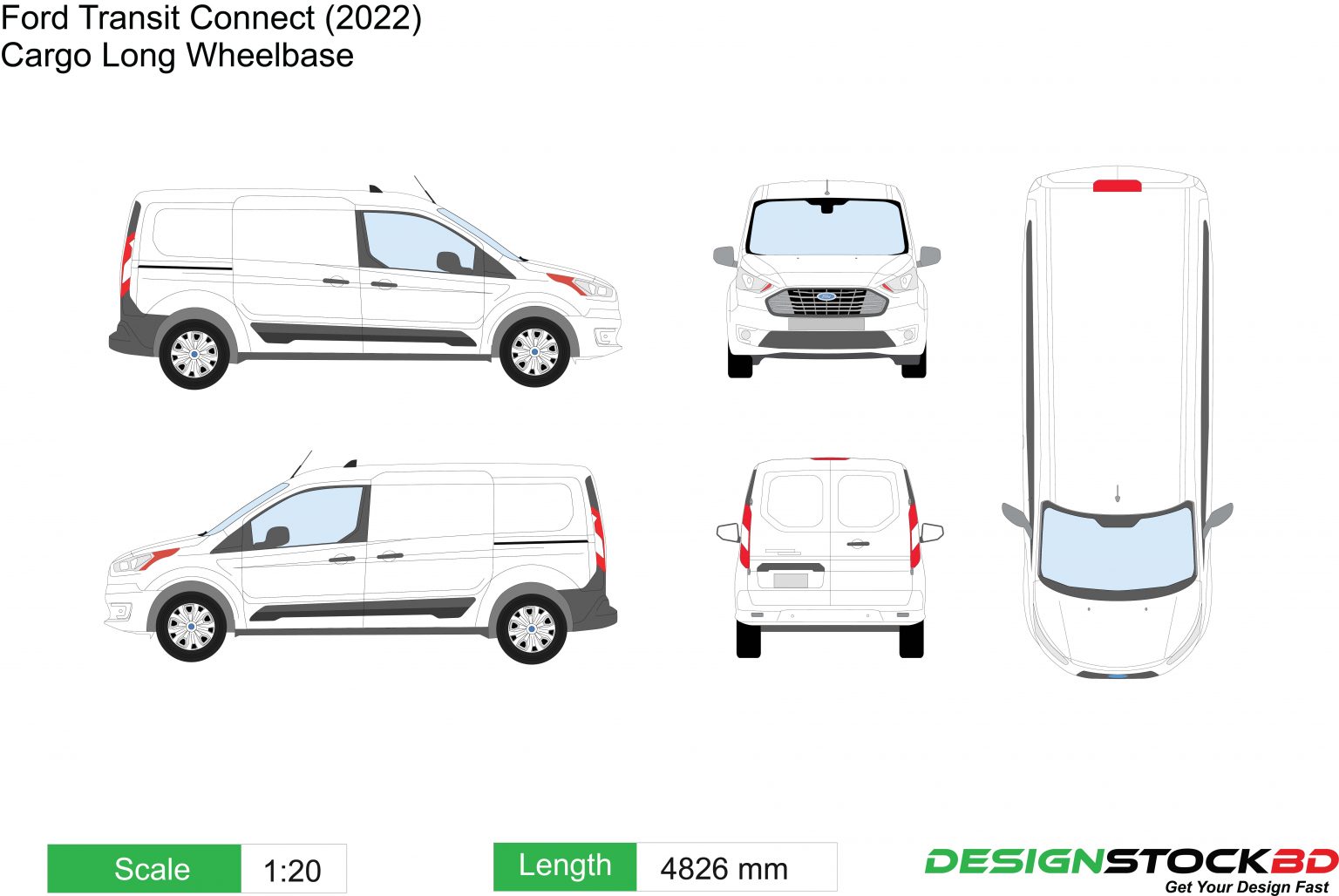 Ford Transit Connect (2022) Cargo - Long Wheel Base | Van Template ...