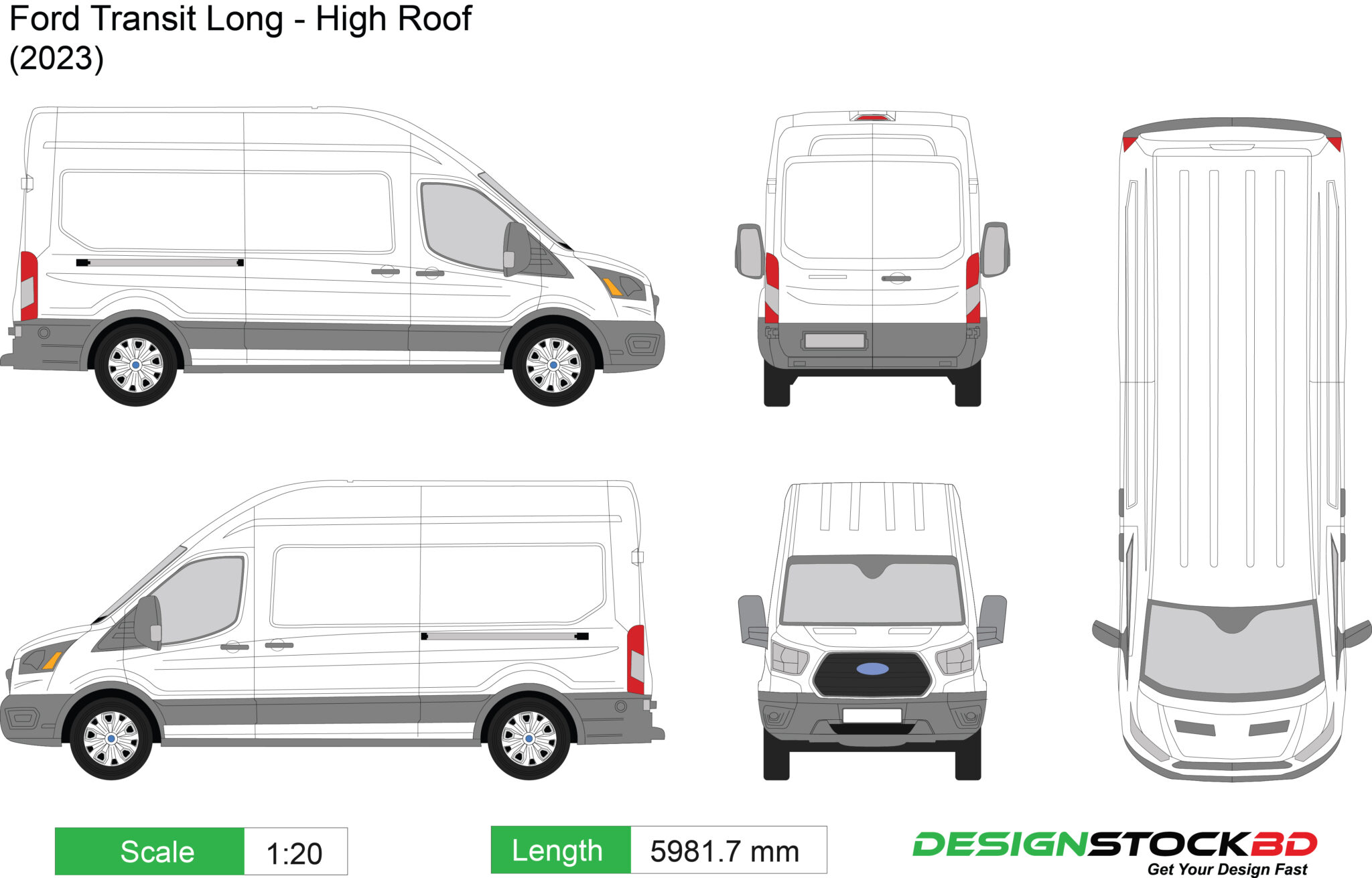 Ford Transit - Long, High Roof (2023) | Van Template | Vector Outline ...