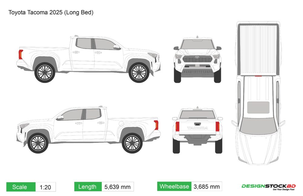 Toyota Tacoma 2025 Long Bed Vector Template , Vehicle Wrap Design